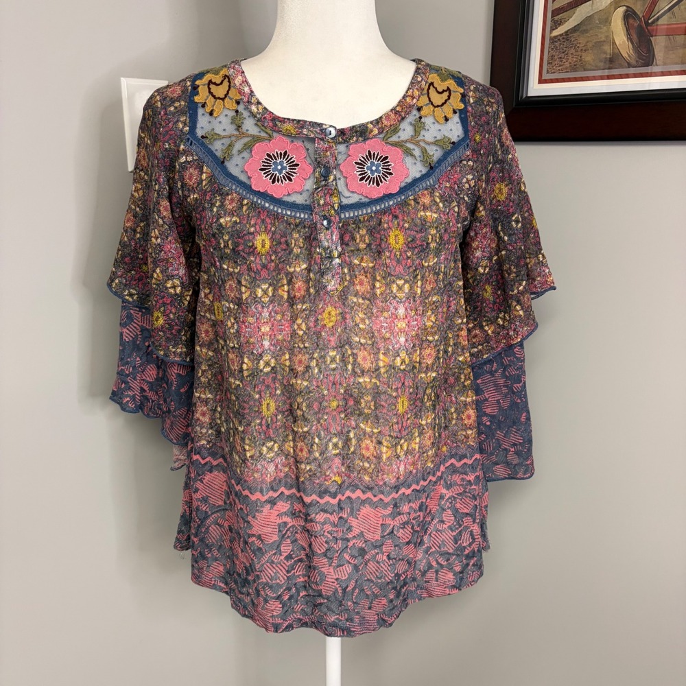 Anthropologie Postmark Floral Embroidered Mesh Yoke Blouse Multicolor XS